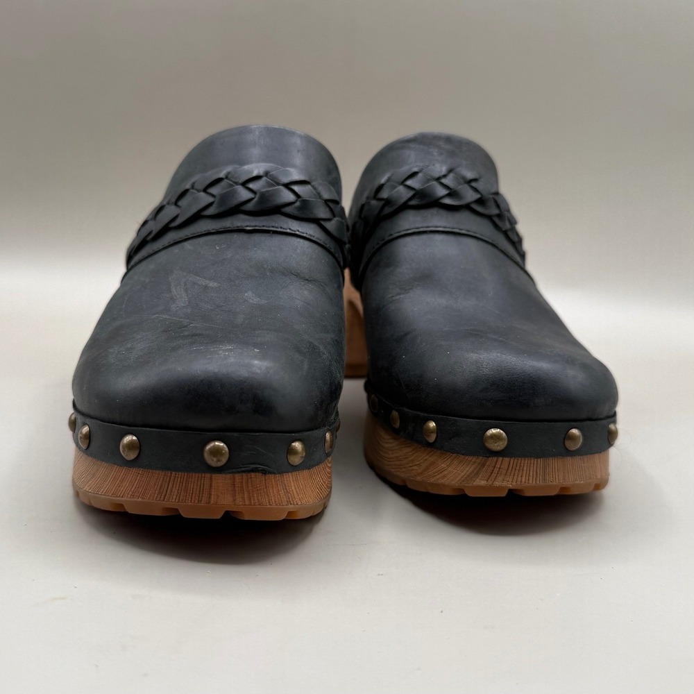 Kork-Ease Clogs Womens 6M Leather Braided Studded Platform Mules Black - Picture 3 of 7